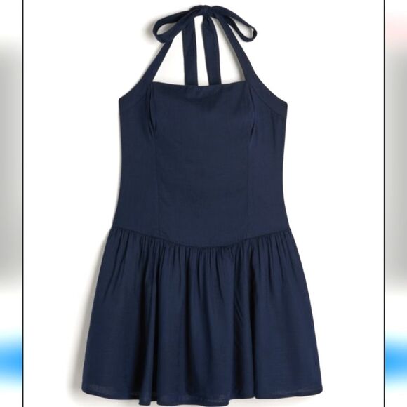 HOLLISTER Drop Waist Halter Mini Dress NAVY NEW SMALL MSRP $49 - Picture 1 of 12
